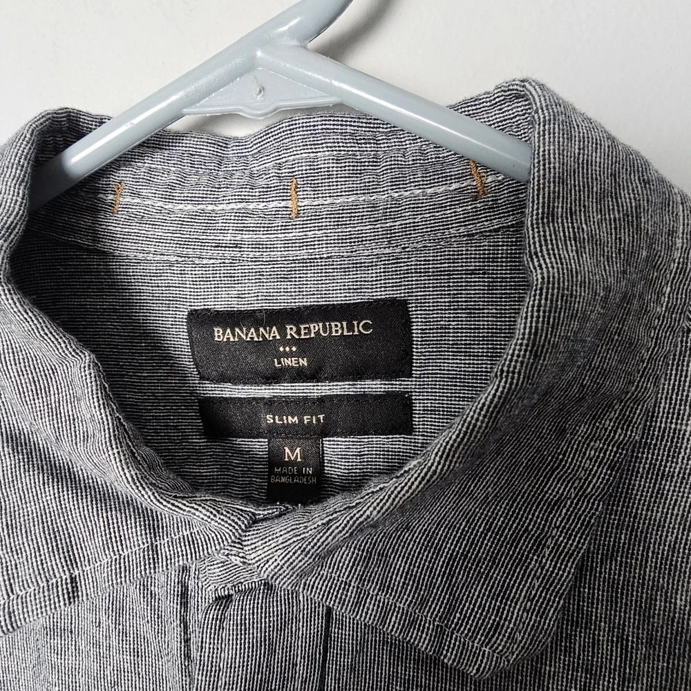 Banana Republic Mens Slim Fit Linen Cotton Shirt M Blue White Stripe Coastal